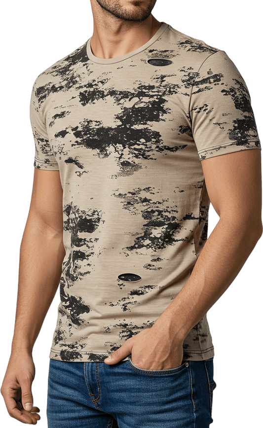 Men's Round Neck Short Sleeve T-Shirt – 100% Cotton, Regular Fit, Hatching Print Design